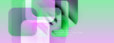 Soyut geometrik şekiller çakışıyor. Nane, lavanta, yeşil renkler modern tasarım yaratır. Yumuşak gradyanlar görsel ilgi sunar.