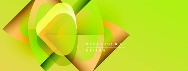 Parlak sarı arka plan, üst üste binen geometrik şekiller. Gradyan renkler dinamik görsel efekt yaratır. Modern tasarım ögesi.