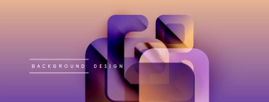 Soyut geometrik şekiller üst üste binerek katmanlı görsel efekt yaratır. Renkler mor, turuncu renkleri harmanlıyor. Modern tasarım ögesi.