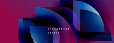 Soyut geometrik şekiller canlı mor, mavi renkleri harmanlarlar. Modern tasarım dinamik görsel deneyim yaratır. Minimalist metin mevcut.