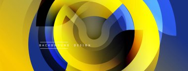 Soyut dinamik kompozisyon. Dairesel katmanlar sarı, mavi ve turuncu renkleri harmanlıyor. Arkaplan ve sunumlar için modern tasarım ögesi.