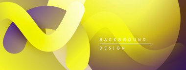 Soyut sarı, mor katmanlar dinamik bir zemin oluşturur. Pürüzsüz şekiller üst üste binerek modern tasarım elementini oluşturur. Gradyan etkisi görünür.
