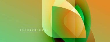 Soyut geometrik şekiller örtüşür, canlı gradyanlar yaratır. Yeşil, sarı, turuncu renkler tasarımda baskın. Modern, dinamik kompozisyon.