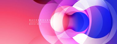 Soyut çemberler çakışıyor, canlı gradyanlar yaratıyor. Pembe, mor, mavi renkler kompozisyona hakim. Modern tasarım ögesi.