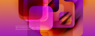 Soyut geometrik şekiller örtüşüyor, canlı renk eğimleri yaratıyor. Turuncu, mor, pembe renkler tasarımda baskın. Modern, dinamik kompozisyon.