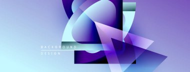 Soyut geometrik şekiller örtüşür, parlak mavi ve mor renkler yaratır. Modern tasarım elementleri yenilik ve teknoloji odaklanma öneriyor.