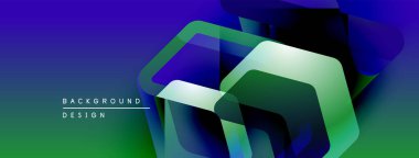 Soyut geometrik şekiller örtüşür, canlı gradyanlar yaratır. Mavi, yeşil renkler kompozisyona hakim. Modern tasarım ögesi.