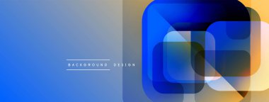 Soyut geometrik şekiller çakışıyor. Mavi renkler sıcak sarı tonlara dönüşür. Metin elementli minimalist tasarım.