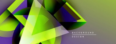Soyut geometrik şekiller örtüşüyor, canlı yeşil, mor renkler yaratıyor. Arkaplan ve sunumlar için modern tasarım ögesi.