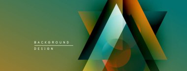 Soyut geometrik şekiller örtüşüyor, canlı renk eğimleri yaratıyor. Tasarımda deniz mavisi, turuncu, kahverengi renkler var. Minimalist stil.