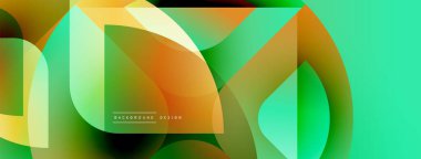 Soyut geometrik şekiller örtüşür, canlı bir değişim etkisi yaratır. Turkuaz, turuncu, yeşil renkler kompozisyona hakim. Modern tasarım ögesi.
