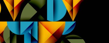 Soyut geometrik şekiller renkli metinler oluşturur. Canlı gradyanlar dinamik görsel etki yaratır. Modern tasarım, cesur kompozisyon.