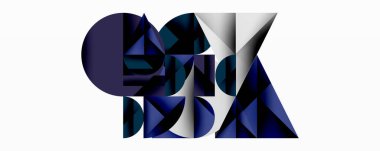 Soyut geometrik bileşim. Koyu mavi şekiller beyaz arkaplanla örtüşüyor. Daireler, üçgenler, dikdörtgenler karmaşık tasarım yaratır. Minimalist stil.