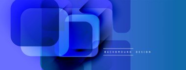 Soyut mavi katmanlar dinamik bileşim yaratır. Üst üste binen dikdörtgenler derinlik ve modern estetik olduğunu gösteriyor. En küçük metin ince markalaşma ögesi ekler.