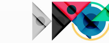 Soyut geometrik şekiller örtüşür, dinamik bileşim yaratır. Renkler arasında pembe, deniz mavisi, gri, siyah, beyaz. Modern tasarım elemanları.