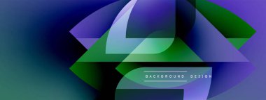 Soyut geometrik şekiller örtüşür, parlak mavi, yeşil ve mor renkler yaratır. Modern tasarım elementleri dinamik görsel deneyim önerir.