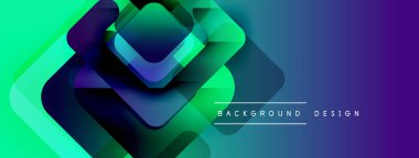 Soyut geometrik şekiller örtüşür, canlı bir değişim etkisi yaratır. Mavi, yeşil renkler kompozisyona hakim. Metin arkaplan tasarımı okur.