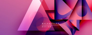 Soyut geometrik şekiller örtüşür, canlı gradyanlar yaratır. Pembe, mor, mavi renkler dizaynda baskın. Modern estetik.