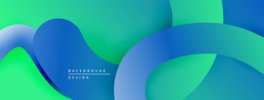 Soyut sıvı şekilleri örtüşür, parlak mavi, yeşil gradyanlar yaratır. Arka planlar ve sunumlar için modern tasarım öğesi. Yumuşak eğriler kompozisyona hakim.