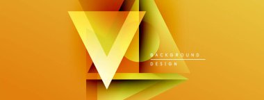 Soyut geometrik tasarım. Turuncu, sarı eğimler üçgen şeklinde katmanlar oluşturur. Metin elemanlı modern arkaplan.
