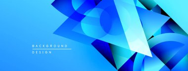 Soyut mavi şekiller örtüşür, dinamik görsel efekt yaratır. Gradyan arka plan derinliği artırır, modern tasarım estetiği.