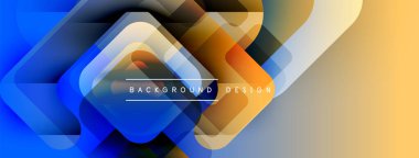 Soyut geometrik şekiller çakışıyor. Renkler maviden turuncuya karışarak modern arka plan tasarımı oluşturur. Minimalist stil.