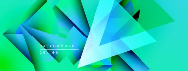 Soyut geometrik şekiller örtüşür, canlı deniz mavisi, mavi ve yeşil renkler yaratır. Modern tasarım enerji, hareket, derinlik öneriyor.