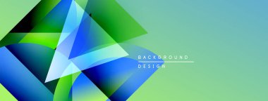 Soyut geometrik şekiller örtüşür, parlak mavi, yeşil eğimler yaratır. Arkaplanda hafif turkuaz rengi, basit metin tasarımı.