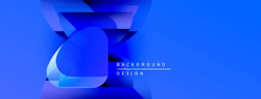 Soyut mavi tasarım, üst üste binen geometrik şekiller. Gradyan renkler dinamik görsel efekt yaratır. Metin arkaplan tasarımı okur.