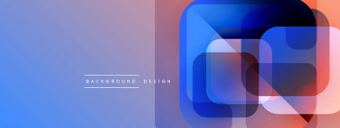 Soyut geometrik şekiller, mavi mor gradyan, modern tasarım. Üst üste binen kareler dinamik görsel efekt yaratır. Minimalist stil.