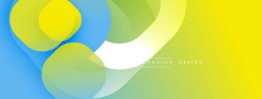 Soyut renkli arkaplan. Üst üste binen şekiller dinamik görsel efekt yaratır. Sarı, mavi, yeşil renkler kompozisyona hakim. Modern tasarım ögesi.