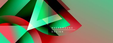 Soyut geometrik şekiller örtüşüyor, canlı renk eğimleri yaratıyor. Tasarım kırmızı, yeşil, nötr arkaplana sahip deniz mavisi renkleri içerir.