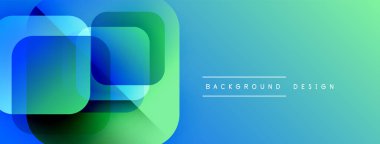 Soyut geometrik şekiller örtüşerek canlı mavi-yeşil gradyan oluşturur. Arkaplan, pankart ve sunumlar için modern tasarım ögesi.