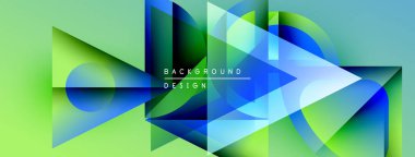 Soyut geometrik şekiller örtüşür, canlı gradyanlar yaratır. Mavi, yeşil renkler kompozisyona hakim. Modern tasarım ögesi.