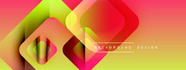 Soyut geometrik şekiller çakışıyor. Canlı gradyanlar dinamik görsel efekt yaratır. Sarı, turuncu, morumsu renkler kompozisyona hakim. Modern tasarım ögesi.