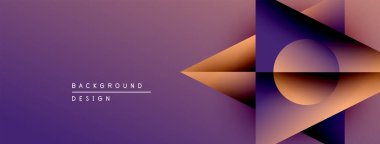Soyut geometrik şekiller örtüşüyor, dinamik mor, turuncu gradyanlar yaratıyor. Metin elementli minimalist tasarım. Modern estetik.