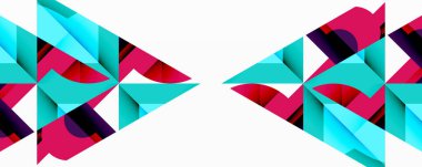 Soyut geometrik tasarım. Parlak pembe, turkuaz, siyah şekiller simetrik desenler yaratır. Minimalist tarz, modern estetik.