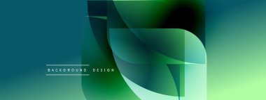 Soyut geometrik şekiller harmanlanarak akışkan gradyan pankart oluşturur. Teal, yeşil renkler tasarıma hakim, modern estetik.