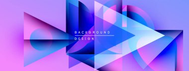 Soyut geometrik şekiller canlı mor, mavi renkleri harmanlarlar. Modern tasarım üst üste binen üçgenler, daireler, gradyanlar içerir. Metin arkaplan tasarımı okur.
