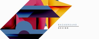 Soyut geometrik bileşim. Üst üste binen renkli şekiller dinamik görsel efekt yaratır. Canlı renklere, eğimlere ve temiz çizgilere sahip modern tasarım. Minimalist estetik.