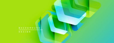 Soyut geometrik şekiller örtüşüyor, canlı yeşil, mavi renkler yaratıyor. Modern tasarım elementleri yenilik ve teknoloji öneriyor.