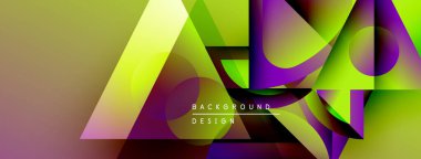 Soyut geometrik şekiller örtüşüyor, canlı renk eğimleri yaratıyor. Tasarım özellikleri üçgenler, daireler, eğriler, modern estetik.