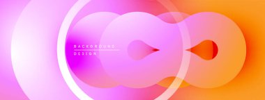 Soyut, enerjik daireler çakışıyor ve dinamik bir değişim etkisi yaratıyor. Pembe, mor, turuncu renkler kompozisyona hakim. Modern tasarım ögesi.