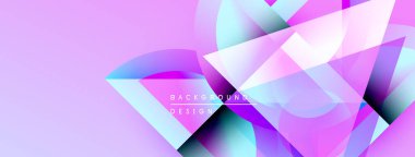 Soyut geometrik şekiller örtüşüyor, canlı mor, mavi renkler yaratıyor. Modern tasarım dinamik ve enerjik hissettiriyor. Arkaplan yenilik ve teknoloji öneriyor.