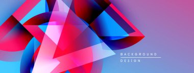 Soyut geometrik şekiller çakışıyor. Canlı maviler, pembeler, kırmızılar dinamik görsel efektler yaratır. Arkaplan derinlik katar, modern his katar.