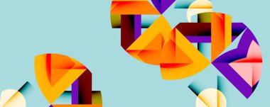 Soyut geometrik şekiller örtüşür ve canlı bir bileşim yaratır. Renkler arasında turuncu, mor, sarı ve açık mavi arkaplan yer alıyor. Modern tasarım.