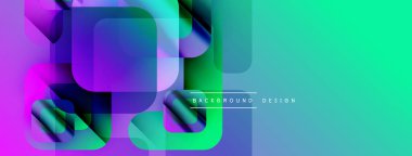 Soyut geometrik şekiller çakışıyor. Canlı renkler harmanlanarak, dinamik görsel efekt yaratır. Turkuaz, mor, mavi baskın kompozisyon. Modern tasarım ögesi.
