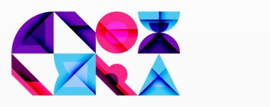 Soyut geometrik şekiller örtüşür, canlı renkli tasarım yaratır. Modern bileşim üçgenler, daireler, dikdörtgenler kullanır.