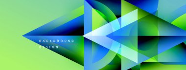 Soyut geometrik şekiller örtüşür, parlak mavi, yeşil eğimler yaratır. Modern tasarım hareket, enerji ve yenilik öneriyor. Arkaplanda metin ögeleri.