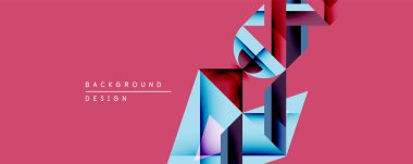 Soyut geometrik tasarım katmanlı kurdeleler, canlı renkler içerir. Pembe arka plan maviyi tamamlar, mor renkler modern görsel etki yaratır. Minimalist stil.